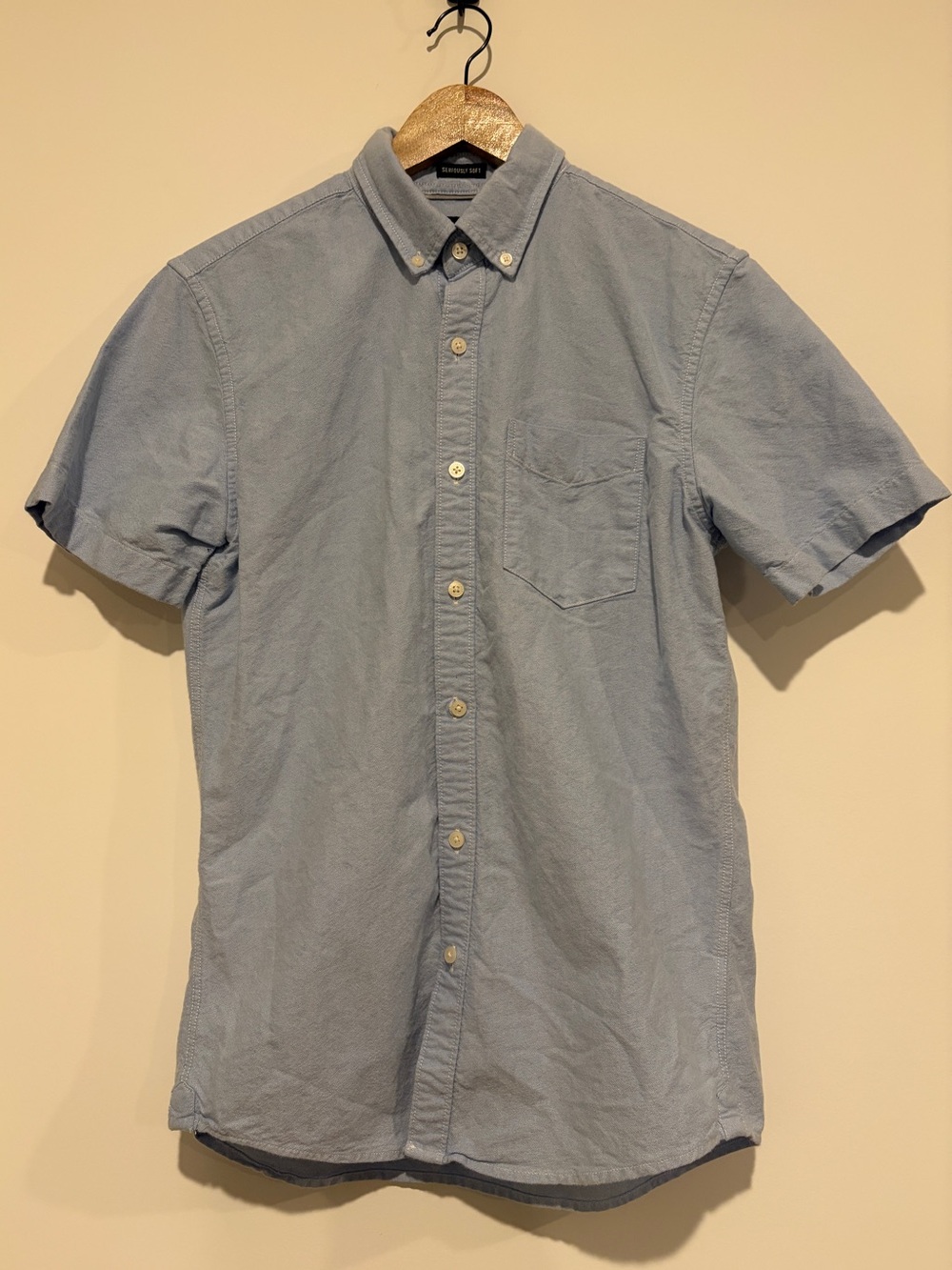 American Eagle Size S Grey Light Blue Solid Oxford Short Sleeve Button Down Shir